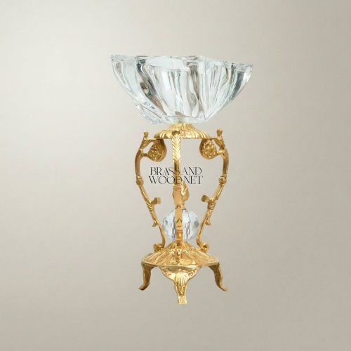 Rococo Crystal Bowl Ashtray on Handcrafted Ornate Brass Pedestal Stand Gold Front | Brass & Wood