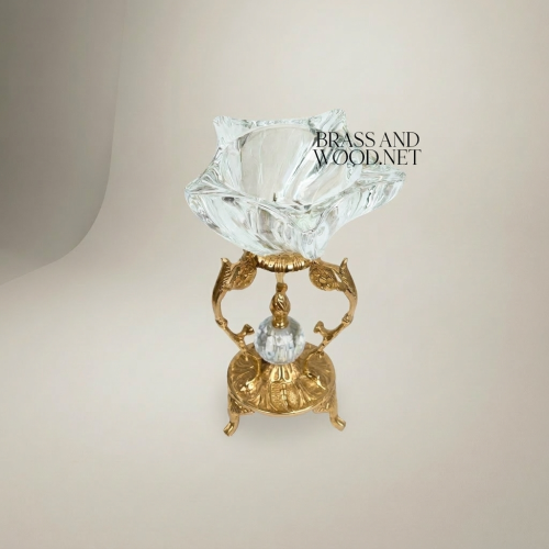 Rococo Crystal Bowl Ashtray on Handcrafted Ornate Brass Pedestal Stand Gold Front | Brass & Wood