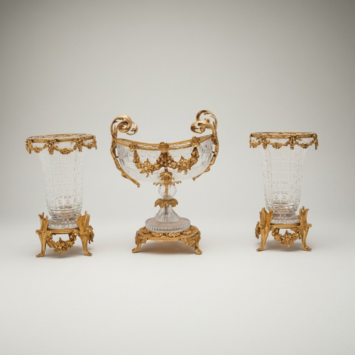 Rococo Crystal & Brass 3-Piece Garniture Set with Floral Swag Centrepiece & Flanking Vases