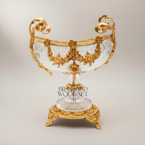 Rococo Crystal & Brass 3-Piece Garniture Set with Floral Swag Centrepiece & Flanking Vases