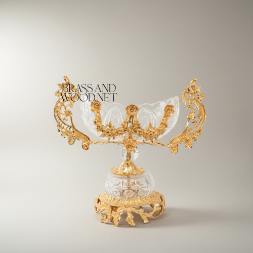 Rococo 3-Piece Crystal and Brass Garniture Set with Acanthus Scroll Mounts and Centerpiece Coupe Gold Front | Brass & Wood