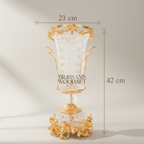 Rococo Crystal & Brass 3-Piece Garniture Set with Flared Trumpet Vases & Footed Centerpiece Bowl