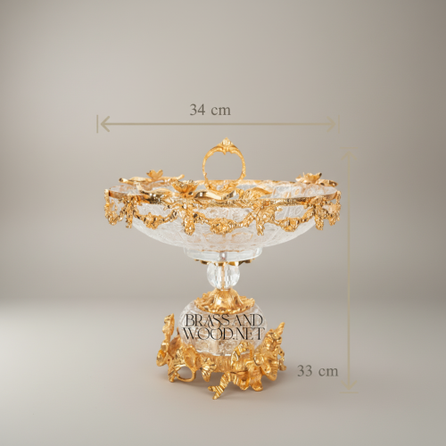 Rococo Crystal & Brass 3-Piece Garniture Set with Flared Trumpet Vases & Footed Centerpiece Bowl