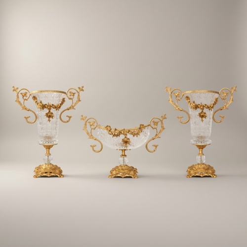 Rococo Crystal & Brass 3-Piece Vase & Centerpiece Garniture Set with Floral Scroll Mounts