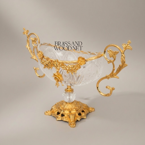 Rococo Crystal & Brass 3-Piece Vase & Centerpiece Garniture Set with Floral Scroll Mounts