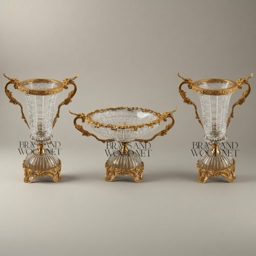 Rococo Crystal & Brass 3-Piece Vase Garniture Set with Dragon Handles