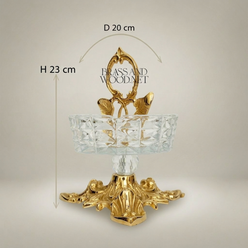 Rococo Crystal and Brass Ashtray Acanthus Pedestal Floral Handle Luxury Decor Gold Front | Brass & Wood