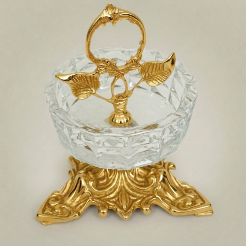 Rococo Crystal and Brass Ashtray Acanthus Pedestal Floral Handle Luxury Decor Gold Front | Brass & Wood