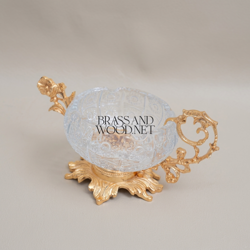 Rococo Crystal & Brass Ashtray with Floral Scroll Handles