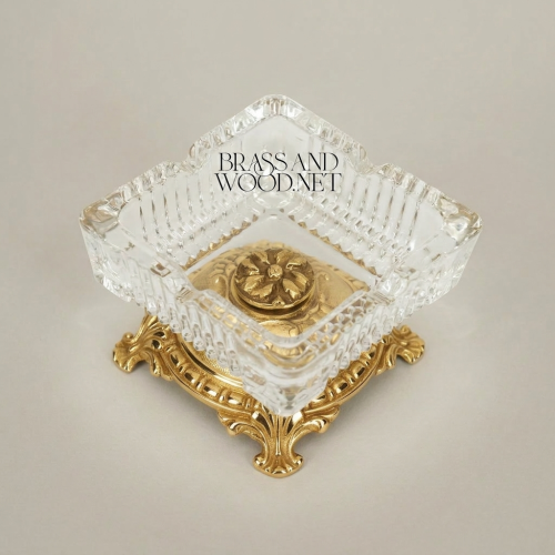 Rococo Crystal & Brass Ashtray on Ornate Scrollwork Base