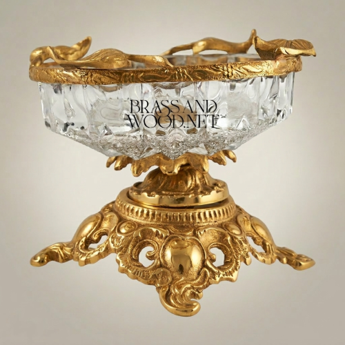 Rococo Crystal and Brass Ashtray Ornate Scrollwork Pedestal Base Handcrafted Gold Front | Brass & Wood