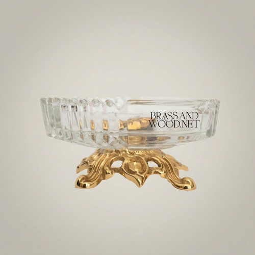 Rococo Crystal Glass Ashtray with Pierced Brass Scrollwork Footed Base Gold Front | Brass & Wood
