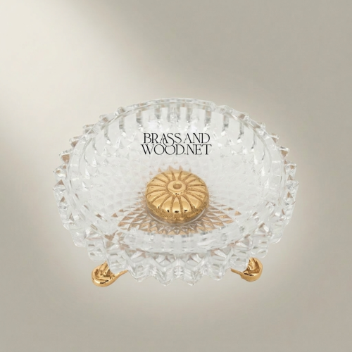 Rococo Crystal Glass Ashtray with Pierced Brass Scrollwork Footed Base Gold Front | Brass & Wood