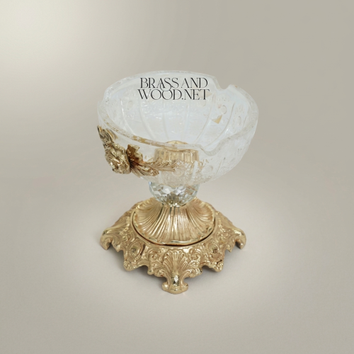 Rococo Crystal & Brass Ashtray with Rose Appliqué and Acanthus Pedestal Base