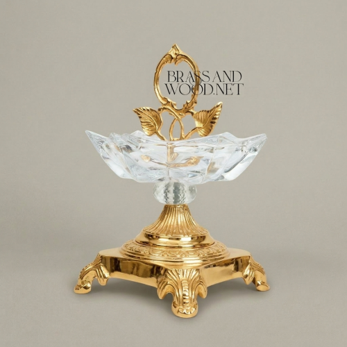 Rococo Crystal & Brass Candy Dish with Leaf Handle & Paw Feet