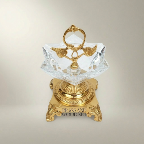 Rococo Crystal & Brass Candy Dish with Leaf Handle & Paw Feet