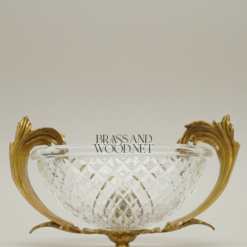 Rococo Handcrafted Crystal Bowl Brass Acanthus Leaf Sculpted Stand Centerpiece Antique Front | Brass & Wood