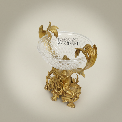 Rococo Handcrafted Crystal Bowl Brass Acanthus Leaf Sculpted Stand Centerpiece Antique Front | Brass & Wood