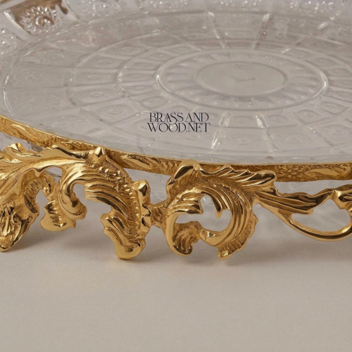 Rococo Crystal and Brass Ornate Round Serving Tray with Acanthus Footed Stand Gold Front | Brass & Wood