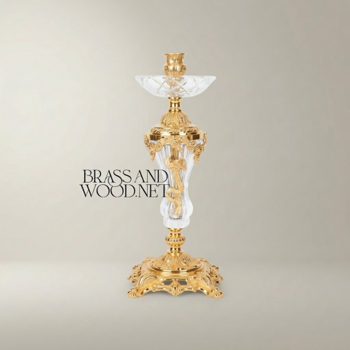Rococo Crystal & Brass Single-Arm Candlestick with Acanthus Scrollwork Base