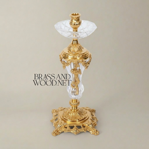 Rococo Crystal & Brass Single-Arm Candlestick with Acanthus Scrollwork Base