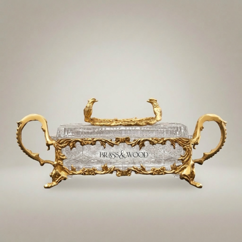 Rococo Crystal and Brass Tissue Box with Bird Branch Finial and Scroll Handles Gold Front | Brass & Wood