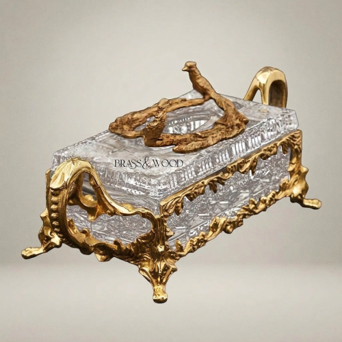Rococo Crystal and Brass Tissue Box with Bird Branch Finial and Scroll Handles Gold Front | Brass & Wood