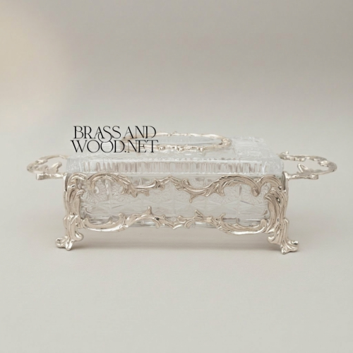 Rococo Crystal Brass Tissue Box Holder Ornate Scrolled Acanthus Frame Brass and Wood silver Front | Brass & Wood