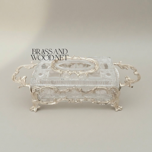 Rococo Crystal Brass Tissue Box Holder Ornate Scrolled Acanthus Frame Brass and Wood silver Front | Brass & Wood
