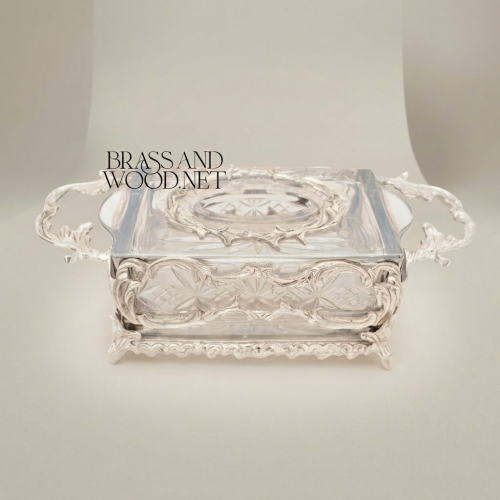 Rococo Openwork Brass and Cut-Crystal Tissue Box Holder with Scroll Feet and Side Handles - Brass and Wood silver Front | Brass & Wood