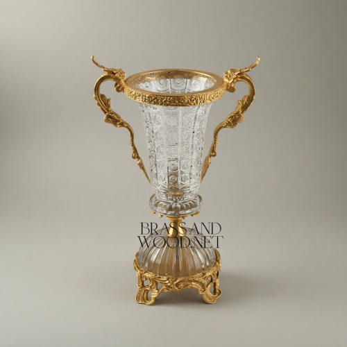 Rococo Crystal & Brass Vase and Centerpiece 3-Piece Garniture Set with Dragon Handles