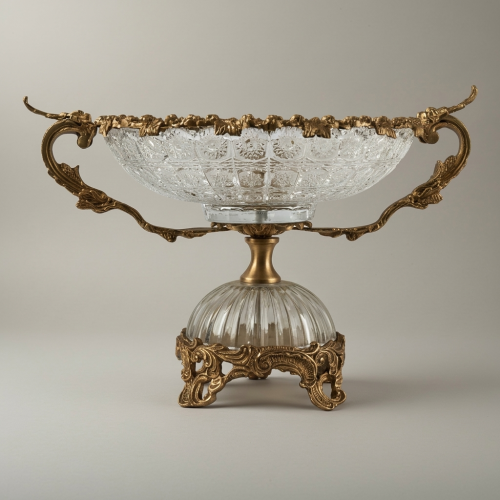 Rococo Crystal & Brass Vase and Centerpiece 3-Piece Garniture Set with Dragon Handles