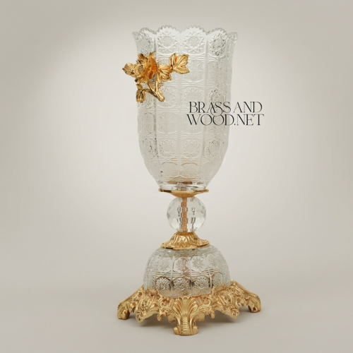 Rococo Crystal Chalice Vase with Brass Floral Appliqué on Ornate Pedestal Base - Brass and Wood Gold Front | Brass & Wood