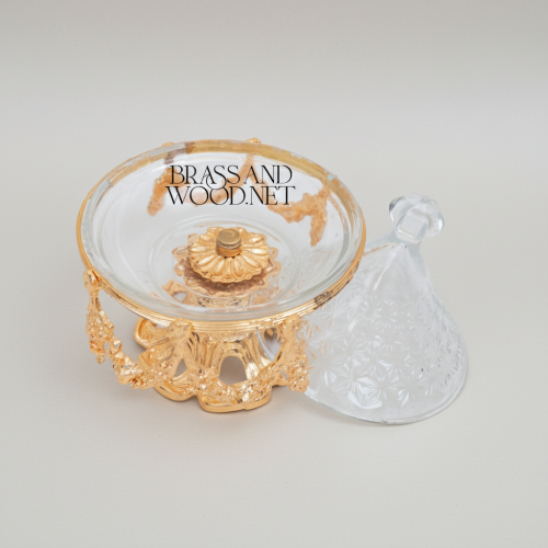 Rococo Crystal Glass Incense Burner with Ornate Brass Swag Stand & Conical Lid