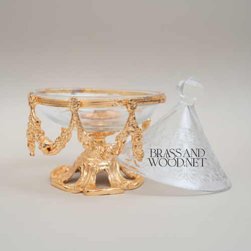 Rococo Crystal Glass Incense Burner with Ornate Brass Swag Stand & Conical Lid