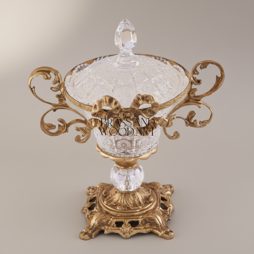 Rococo Crystal Lidded Bonbonniere with Acanthus Brass Frame