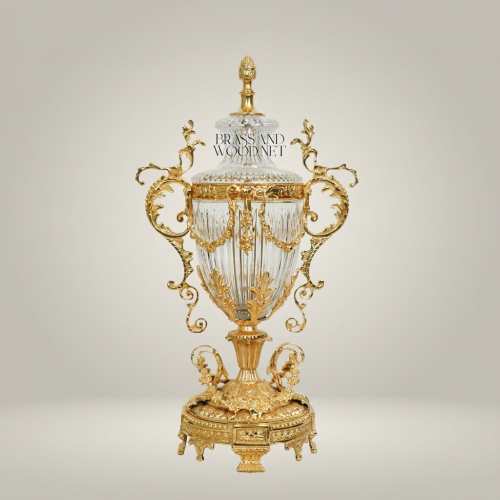 Rococo Lidded Crystal Trophy Vase Ornate Brass Scrollwork Acanthus Base Brass and Wood Gold Front | Brass & Wood