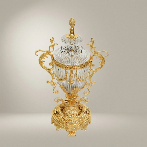 Rococo Lidded Crystal Trophy Vase Ornate Brass Scrollwork Acanthus Base Brass and Wood Gold Front | Brass & Wood