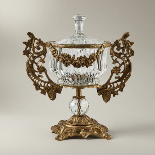 Rococo Crystal Lidded Urn Bonbonniere with Pierced Brass Handles