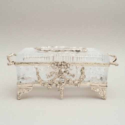 Rococo Crystal Metal Tissue Box Ornate Floral Swag Scroll Frame Brass and Wood silver Front | Brass & Wood