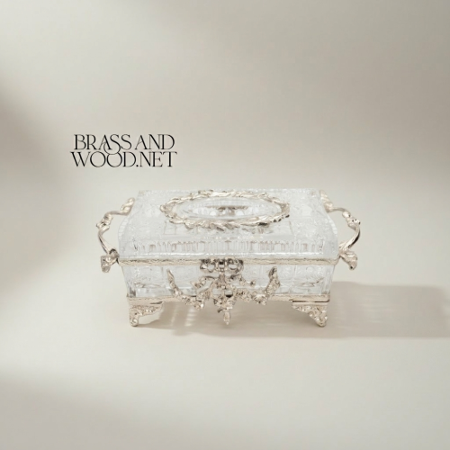 Rococo Crystal Metal Tissue Box Ornate Floral Swag Scroll Frame Brass and Wood silver Front | Brass & Wood