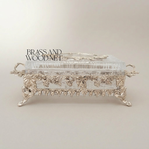 Rococo Ornate Crystal Metal Tissue Box Holder Grapevine Scroll Handles Brass and Wood silver Front | Brass & Wood
