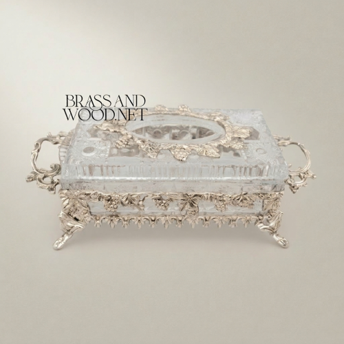 Rococo Ornate Crystal Metal Tissue Box Holder Grapevine Scroll Handles Brass and Wood silver Front | Brass & Wood