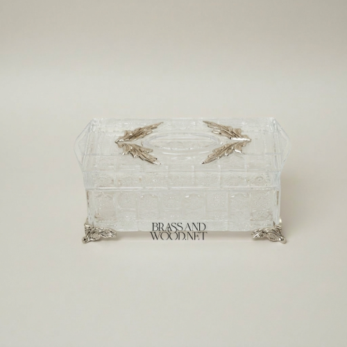 Rococo Crystal Tissue Box with Ornate Acanthus Metal Corner Mounts and Decorative Feet - Brass and Wood silver Front | Brass & Wood