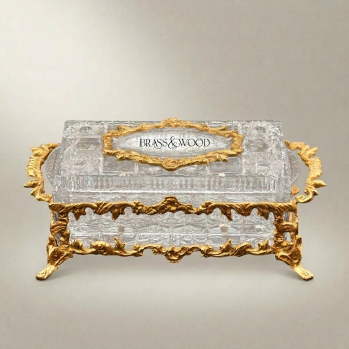 Rococo Crystal Tissue Box Gilt Brass Acanthus Scroll Frame Luxury Decor Brass and Wood Gold Front | Brass & Wood