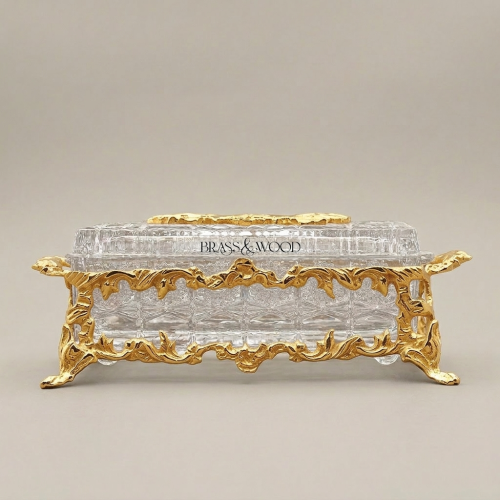 Rococo Crystal Tissue Box Gilt Brass Acanthus Scroll Frame Luxury Decor Brass and Wood Gold Front | Brass & Wood