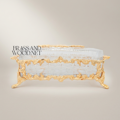 Rococo Crystal Tissue Box Ornate Brass Acanthus Frame Scroll Feet Brass and Wood Gold Front | Brass & Wood
