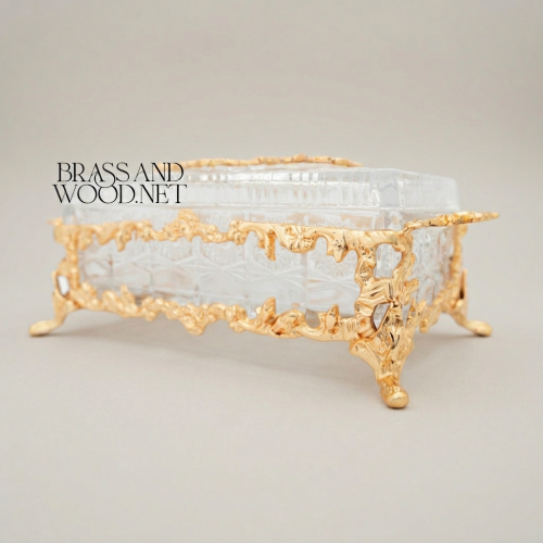 Rococo Crystal Tissue Box Ornate Brass Acanthus Frame Scroll Feet Brass and Wood Gold Front | Brass & Wood