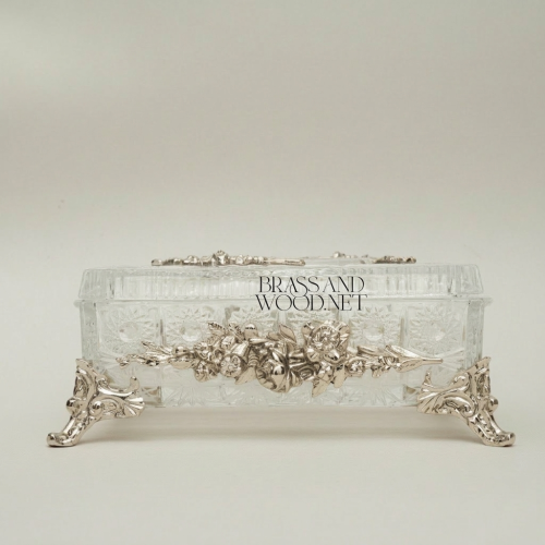 Rococo Crystal Tissue Box Sculpted Floral Metal Frame Scroll Feet Brass and Wood silver Front | Brass & Wood