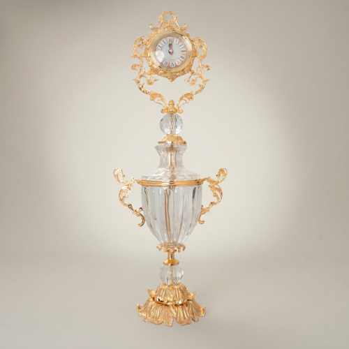 Rococo Crystal Urn Stand Clock with Acanthus Brass Frame & Faceted Crystal Body